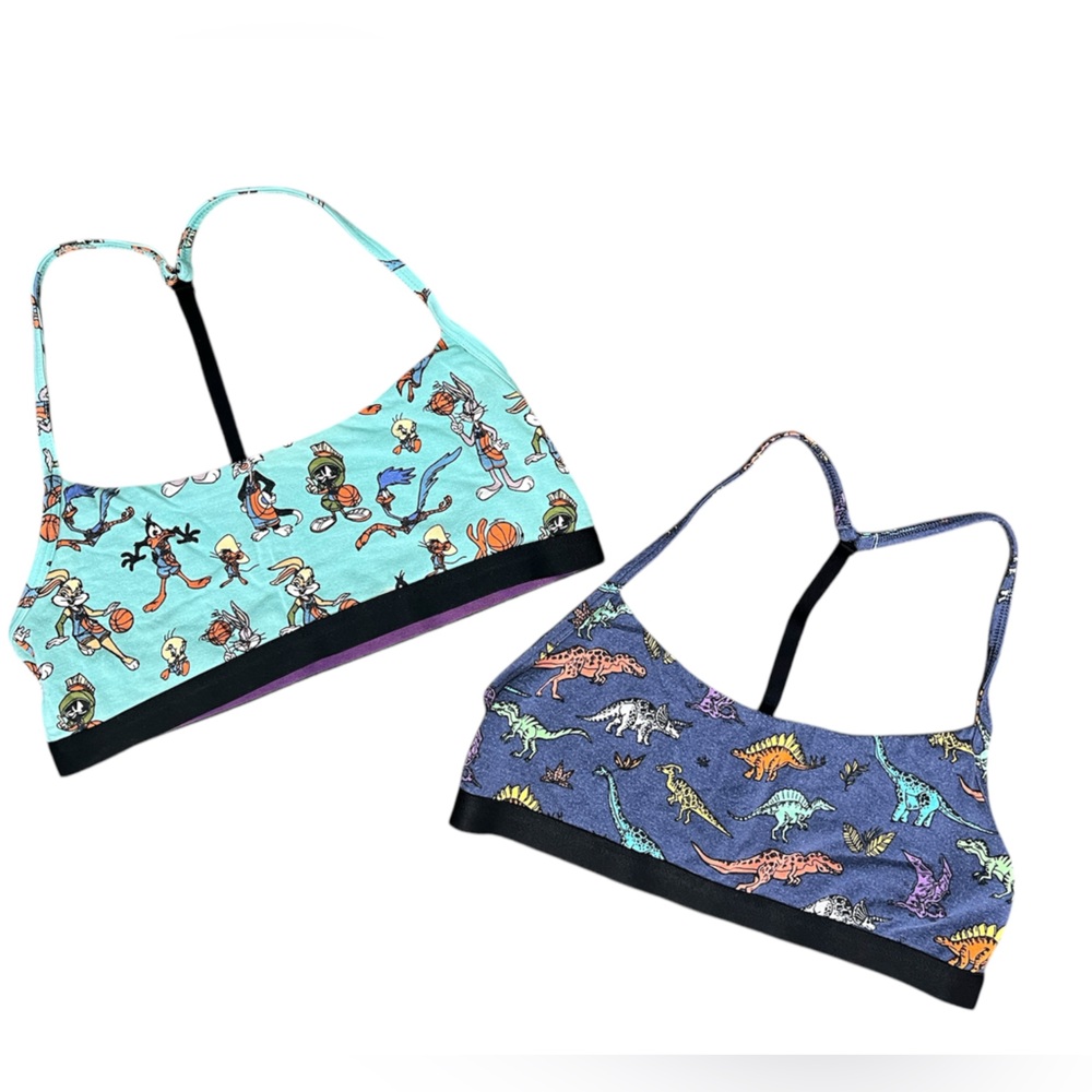 MeUndies Blue and Teal Dinosaur Print Bralettes